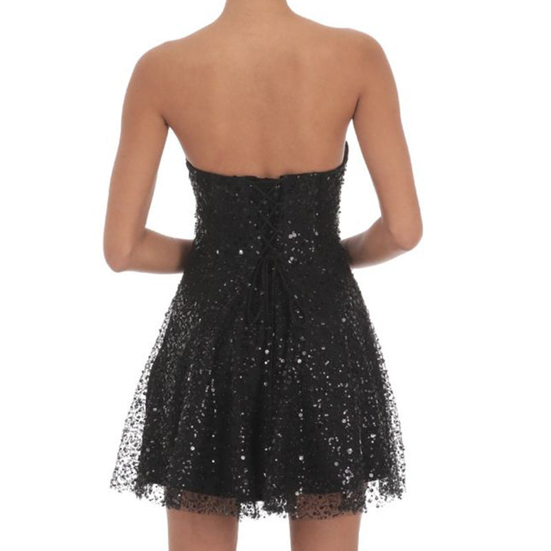 European And American Sexy Sequins Dress Stitching Tube Top Backless Skirt