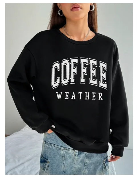 Women Basic Casual Pullover Spring Autumn Long Sleeve Coffee Letter Round Neck