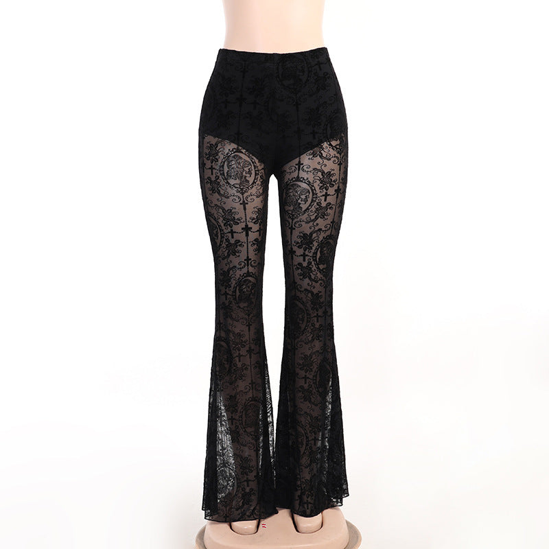 Lace See Through High Waisted Slim Flared Pants