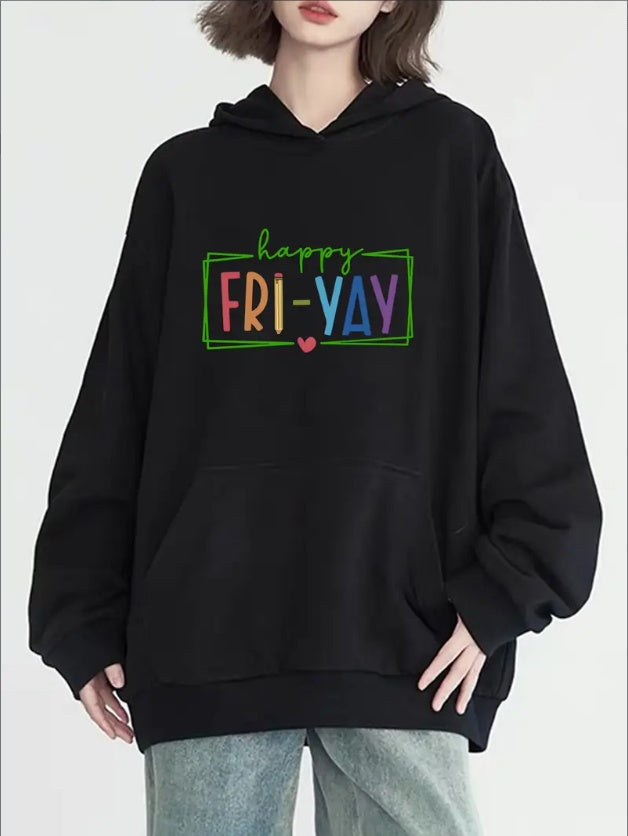 Women's Casual Hoodie With Joyful Friday Print - Long Sleeve, Round Neck With Pockets, Cozy Knit Pullover For Fall & Winter