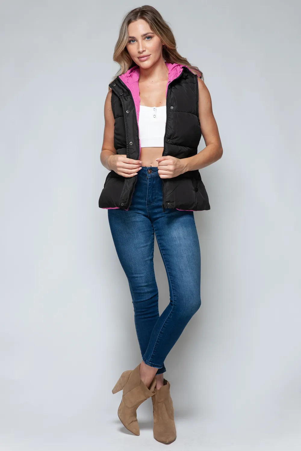 Snobbish Snap And Zip Closure Hooded Vest