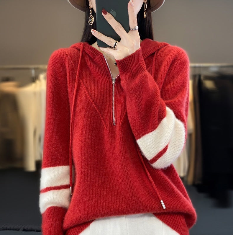 Hooded Zipper Thickening Knitwear Women's Color Matching Sweater