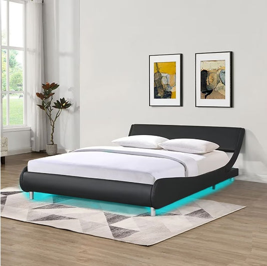 Faux Leather Upholstered Platform Bed Frame With LED Lighting With Remote Control And APP