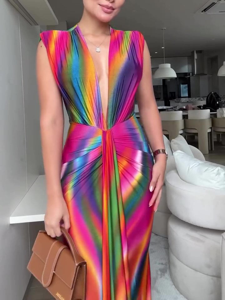 Deep V Rainbow Pleated Maxi Dress