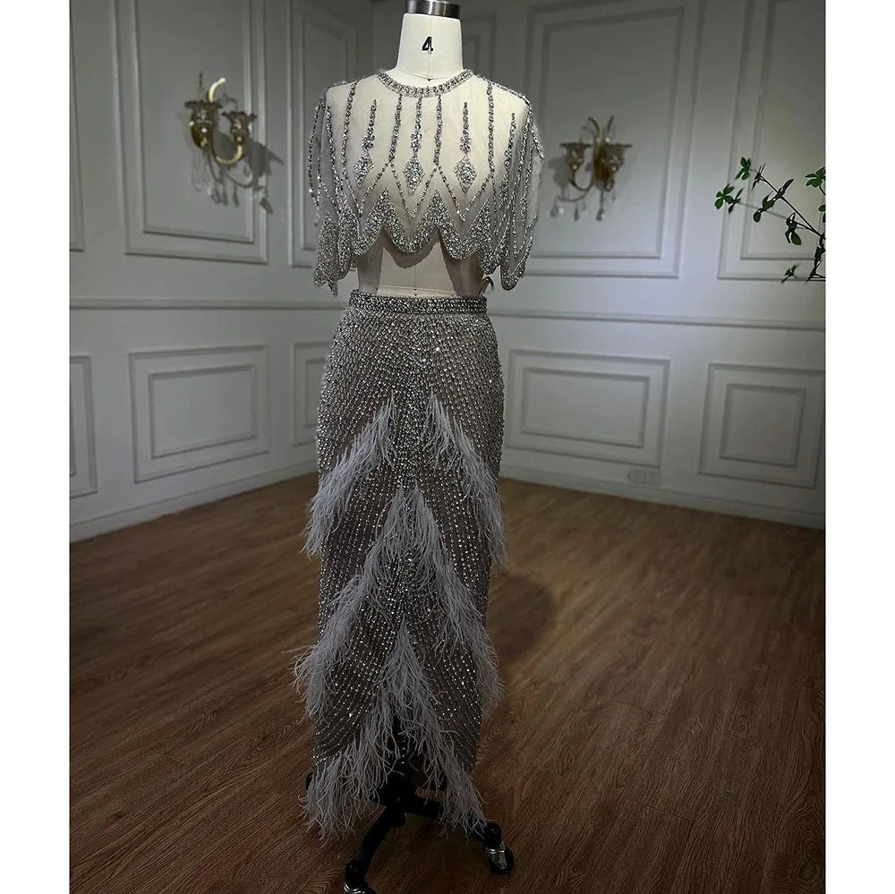 European And American Silver Nude Slim-fit Feather Shawl Host Performance Ladies' Evening Dress