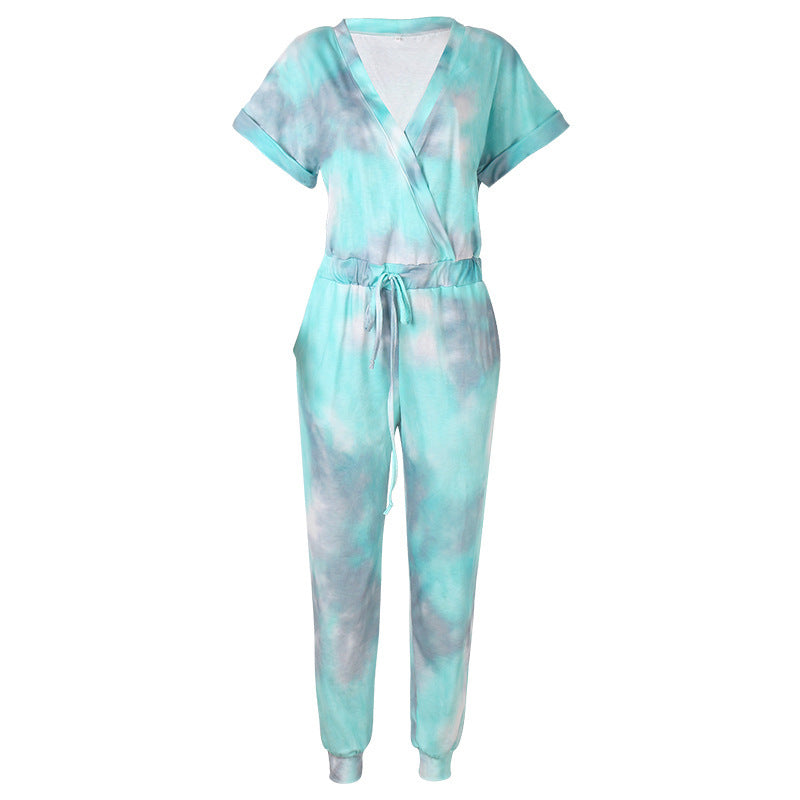 Tie-Dye Printed V-Neck Short-Sleeved Casual Jumpsuit