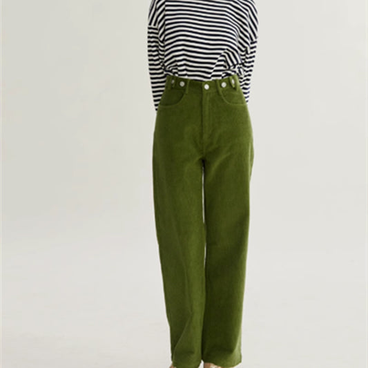 Green Corduroy All-match Slim High Waist Straight Pants