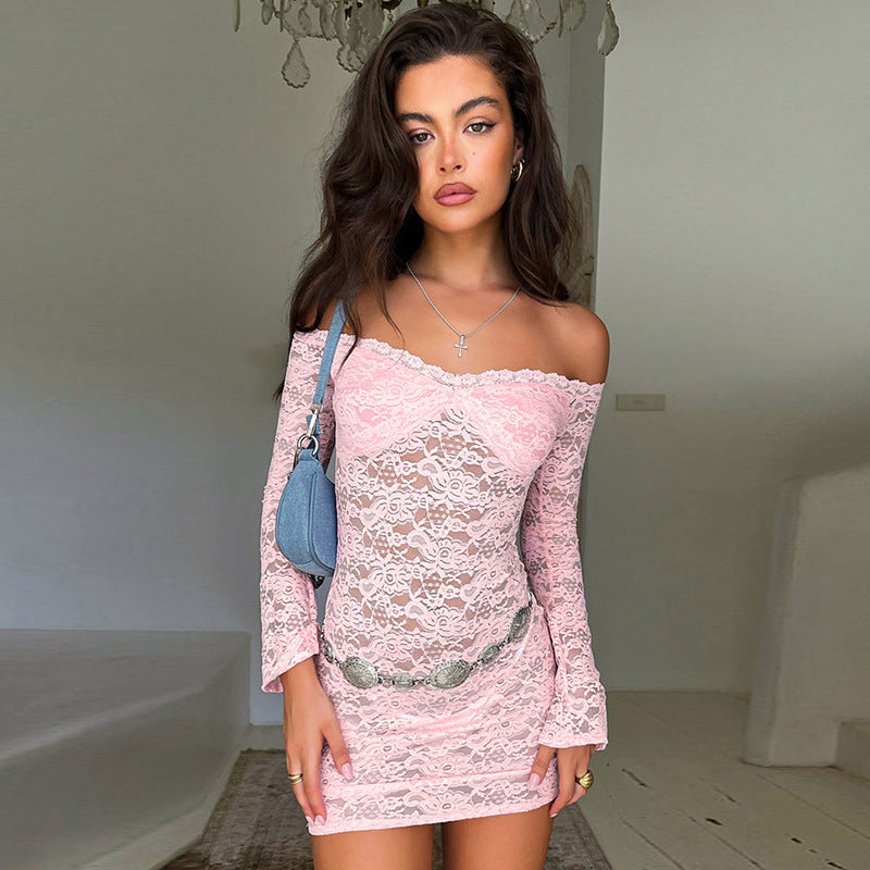 Lace See-through Off-shoulder Collar Long-sleeved Short Dress