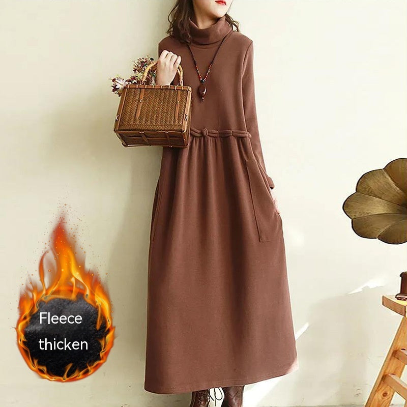 Retro Below The Knee Long Skirt Plus Size Loose High Collar Velvet Padded Dress