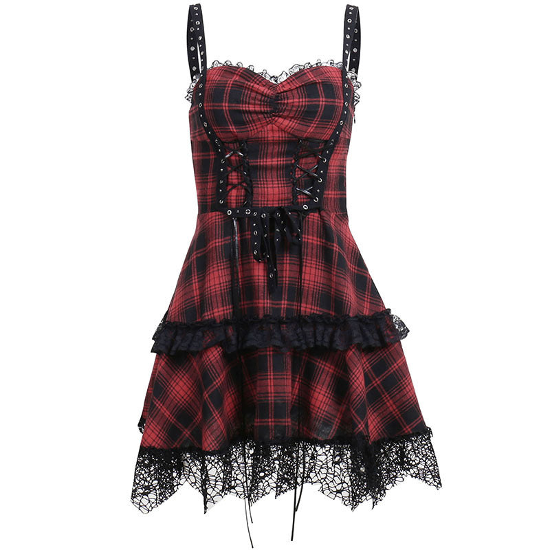 European And American Dark Style New Gothic Plaid Suspender Dress