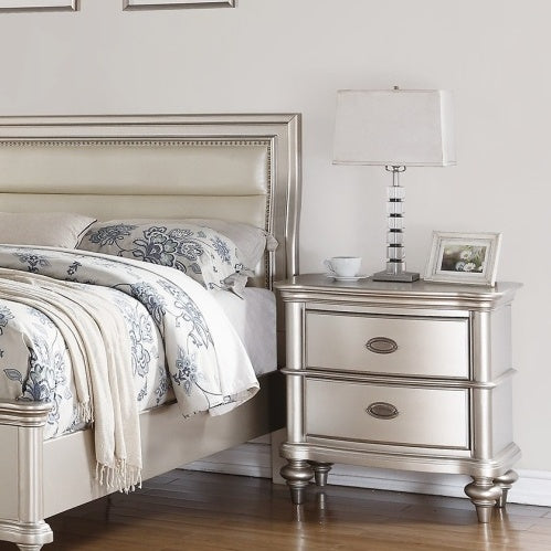 Classic Bedroom Elegant Nightstand Beige White Finish Or Antique Silver 2-Drawers Bed Side Table Plywood