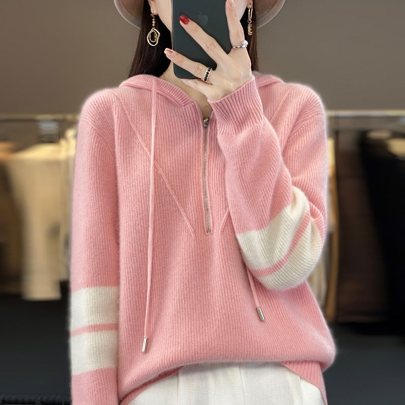 Hooded Zipper Thickening Knitwear Women's Color Matching Sweater