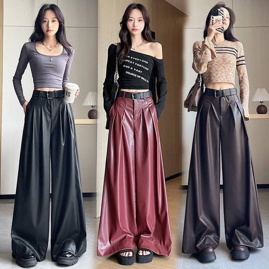 Suit Wide-leg Leather Pants Women's High Waist Loose