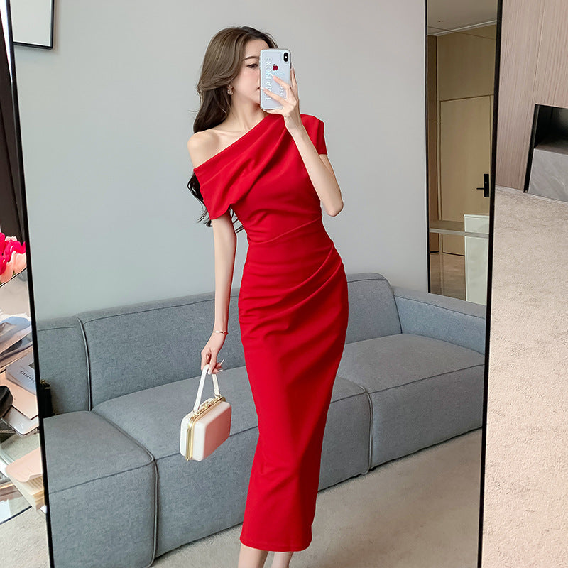 French Style Temperament Sexy Off-the-shoulder Diagonal Collar Dress Women