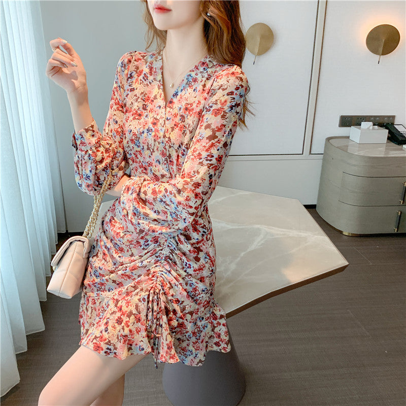 V-neck chiffon floral mid-length dress with pink high waist loose skirt