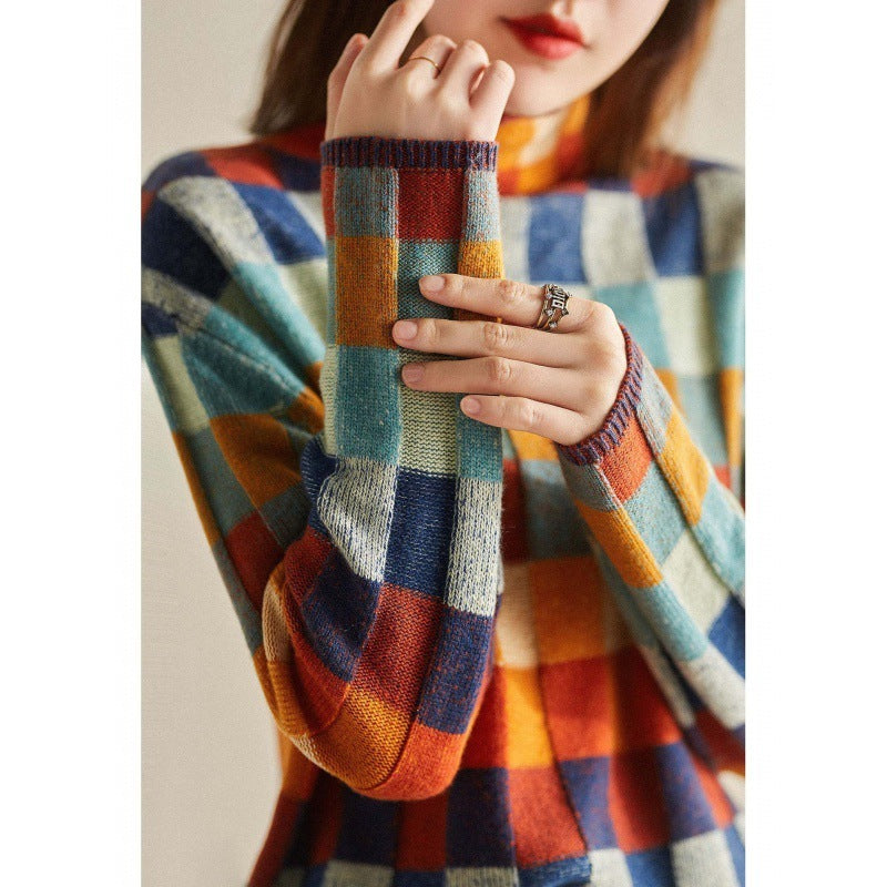 Gorgeous Colorful Chessboard Plaid Sweater Turtleneck Comfortable