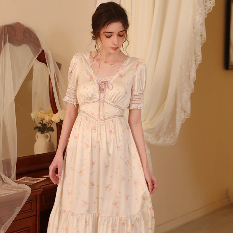 Women's Fashion Vintage Court Style Long Knee-length Printed Nightgown