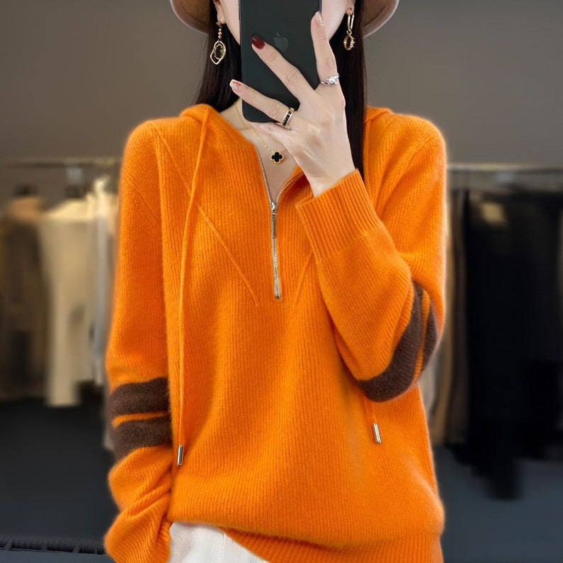 Hooded Zipper Thickening Knitwear Women's Color Matching Sweater