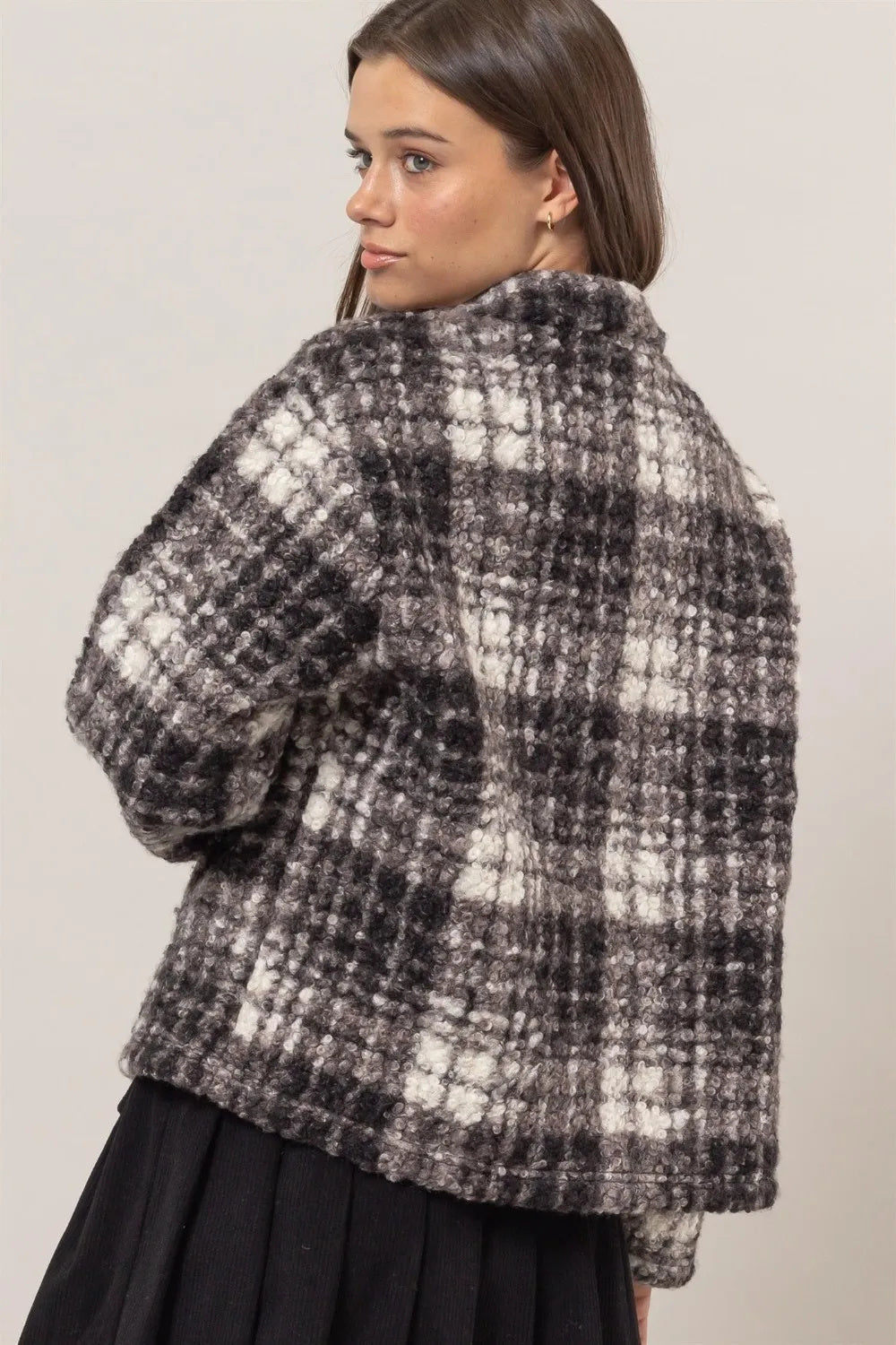 HYFVE Plaid Collared Neck Boucle Jacket With Pockets