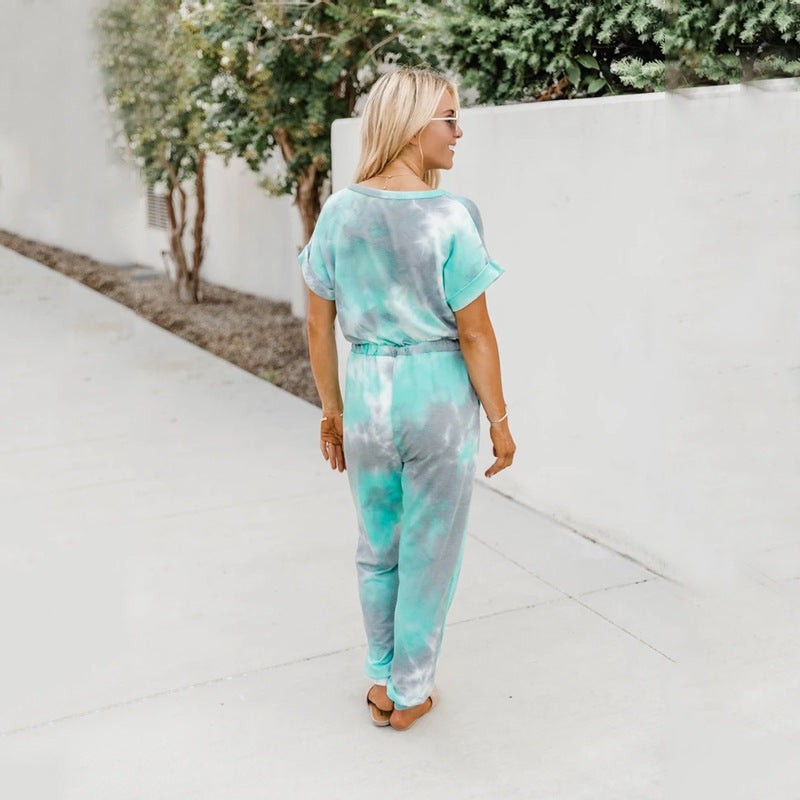 Tie-Dye Printed V-Neck Short-Sleeved Casual Jumpsuit