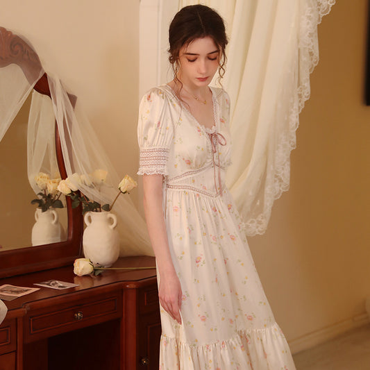 Women's Fashion Vintage Court Style Long Knee-length Printed Nightgown