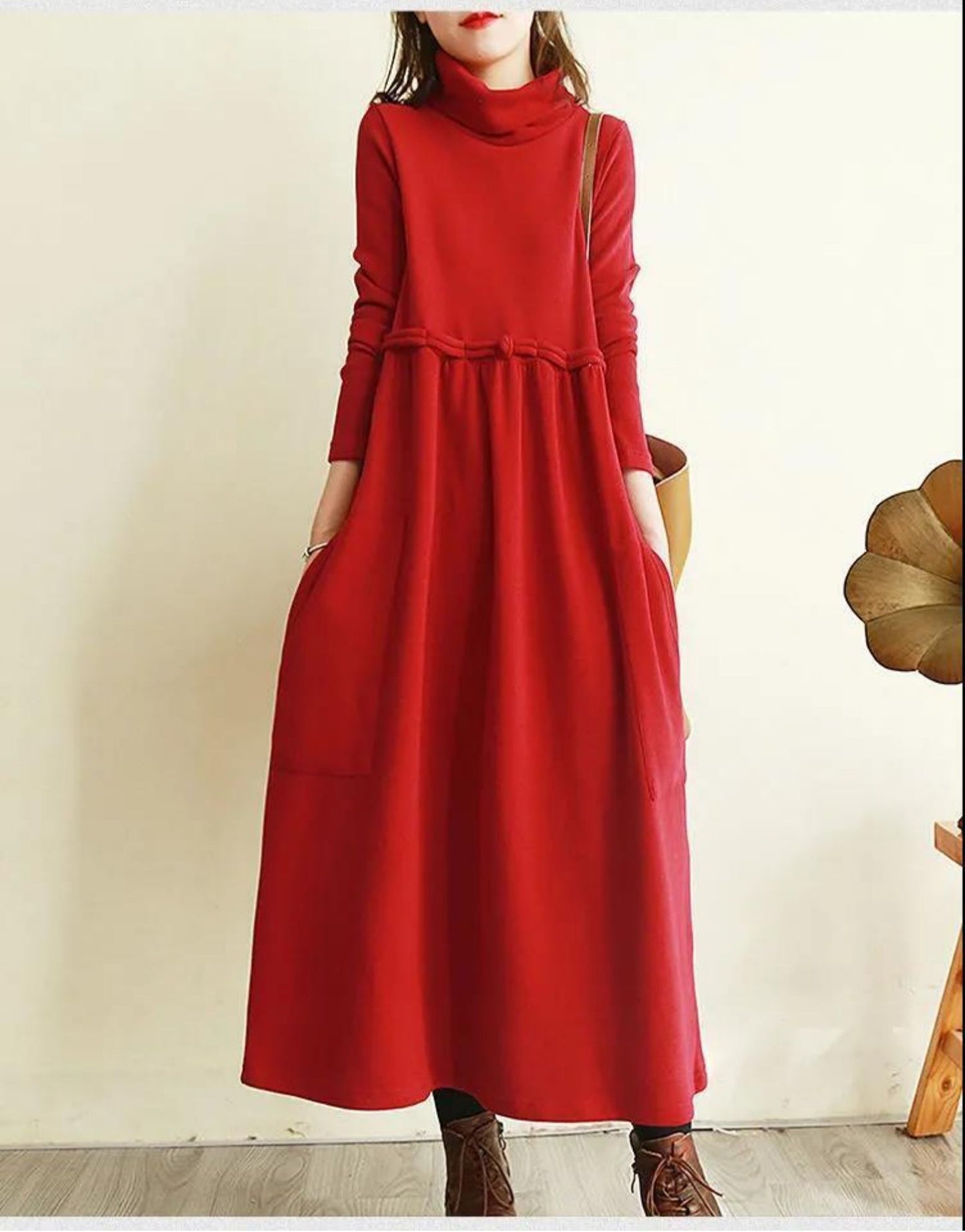 Retro Below The Knee Long Skirt Plus Size Loose High Collar Velvet Padded Dress