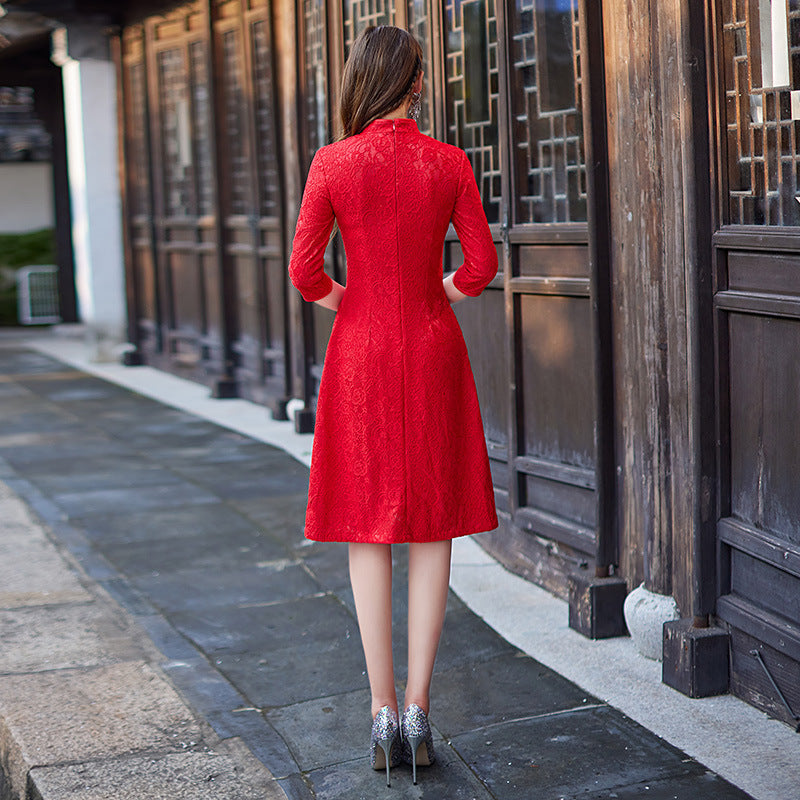 A+ Winter Clothes Seven Point Sleeve Improved A-hem Chinese Style Dress