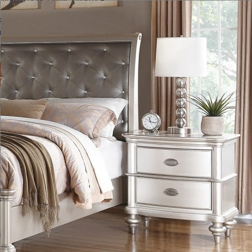 Classic Bedroom Elegant Nightstand Beige White Finish Or Antique Silver 2-Drawers Bed Side Table Plywood