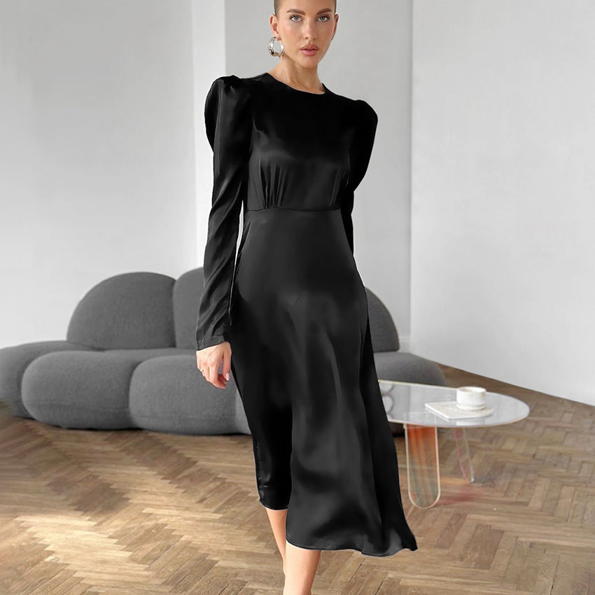 Satin Round Neck Puff Sleeve Dress