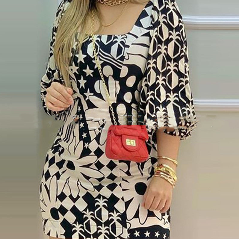 Women's Casual Printed Square Neck Dress