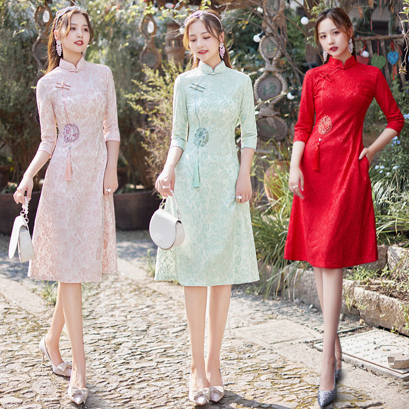 A+ Winter Clothes Seven Point Sleeve Improved A-hem Chinese Style Dress