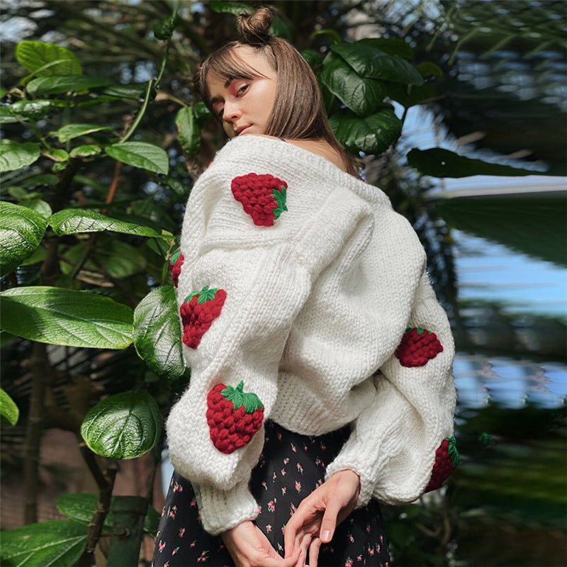 Female Cute Strawberry Loose V-neck Cardigan Sweater