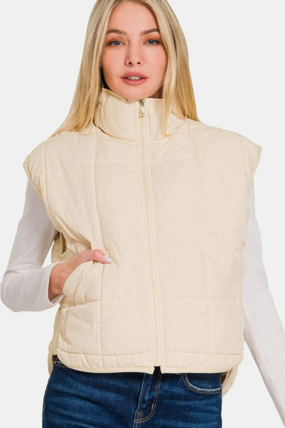 Zenana Zip Up Cropped Puffer Vest With Pockets