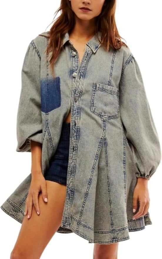 Women's Long Lantern Sleeve Button Denim Dress