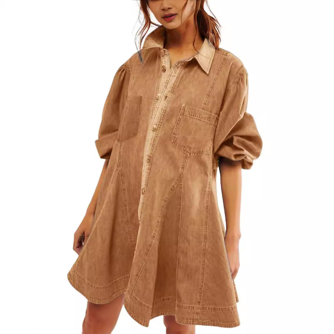 Women's Long Lantern Sleeve Button Denim Dress