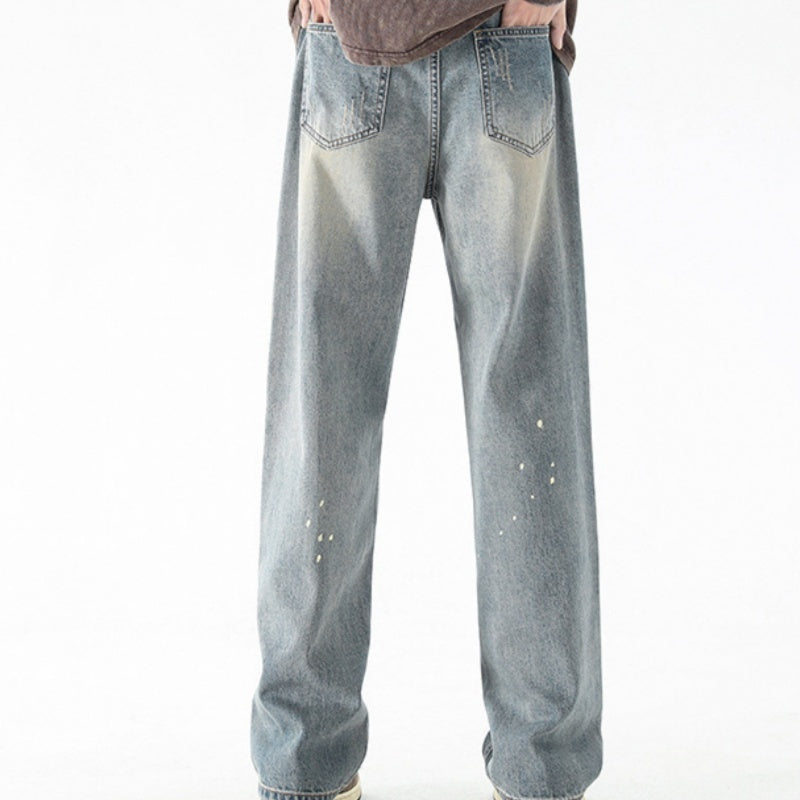 Water Washed Hole Jeans Men's Straight-leg Trousers