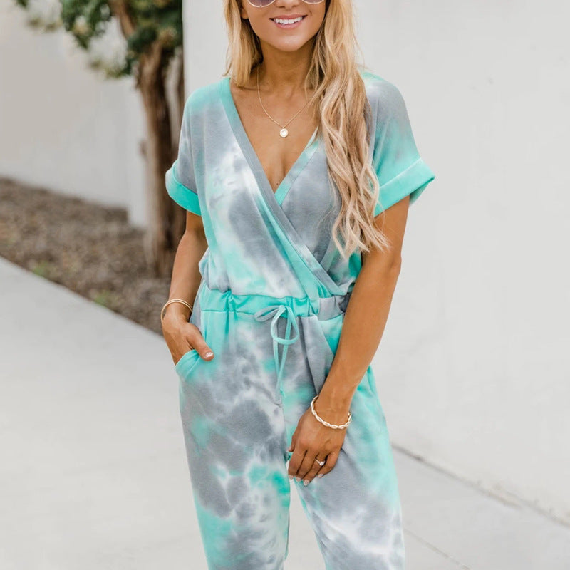 Tie-Dye Printed V-Neck Short-Sleeved Casual Jumpsuit