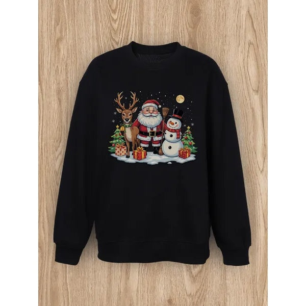 Women Basic Casual Pullover Spring Autumn Long Sleeve Elk With Santa Claus Printed Round Neck