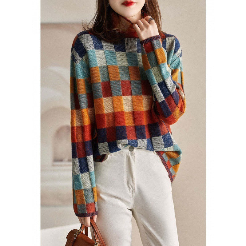 Gorgeous Colorful Chessboard Plaid Sweater Turtleneck Comfortable