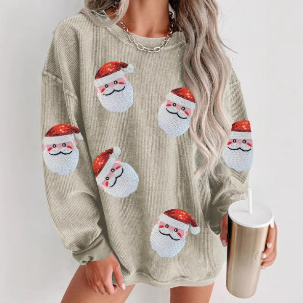 Round Neck Santa Claus Floral Print Long Sleeve Pullover