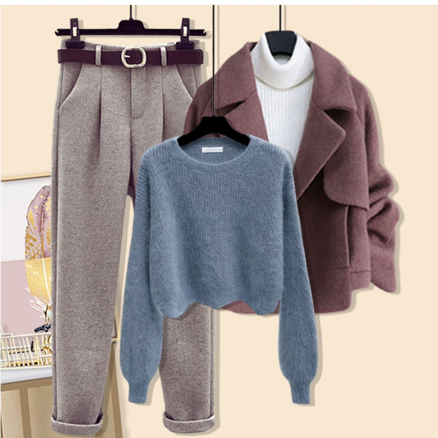 Winter Women's Woolen Coat Sweater Pants Three-piece Set