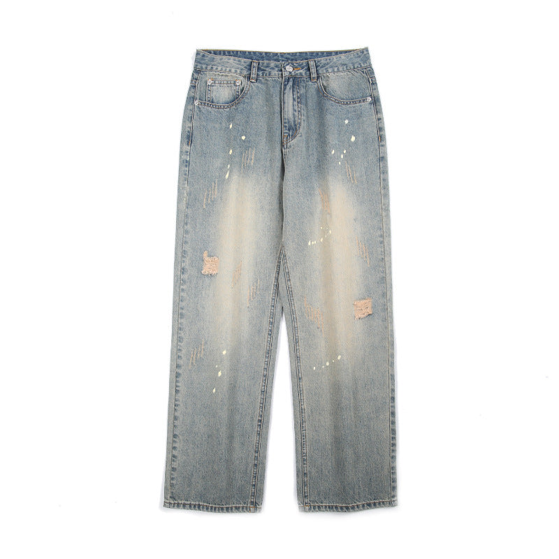 Water Washed Hole Jeans Men's Straight-leg Trousers