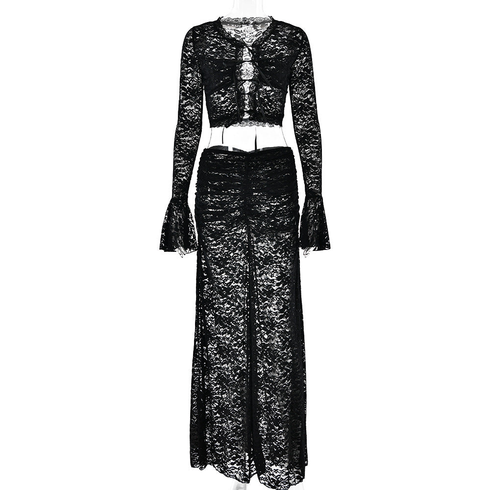 Lace See-through Sexy Lace-up High Waist Skirt Suit Two-piece Set