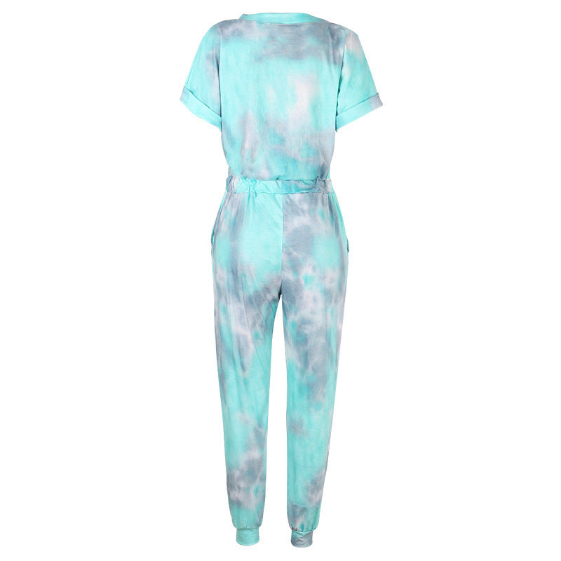 Tie-Dye Printed V-Neck Short-Sleeved Casual Jumpsuit