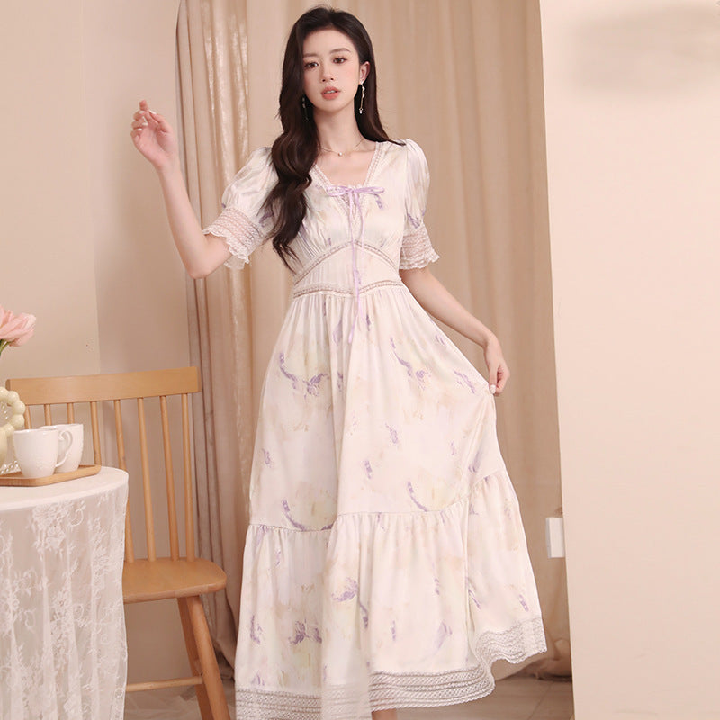 Women's Fashion Vintage Court Style Long Knee-length Printed Nightgown