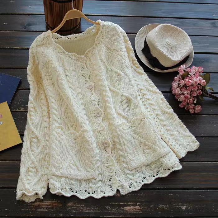 Fresh Mori Women's Hollow Linen Lace Buttons Knitted