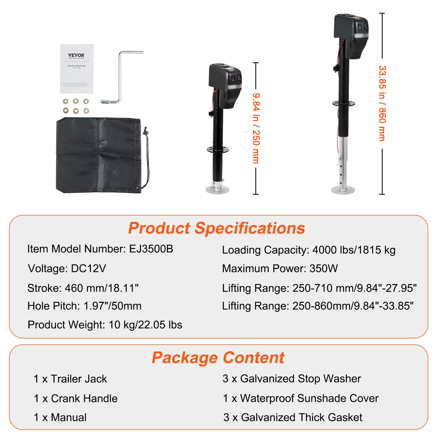 VEVOR Electric Trailer Jack, Power Tongue Jack Weight Capacity 4000 Lbs, Electric Tongue Jack With Waterproof Cover For Lifting RV Trailer, Horse Trailer, Utility Trailer, Yacht Trailer