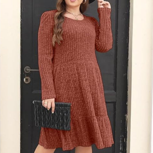 Solid Color Round Neck Knitted Dress Sweater