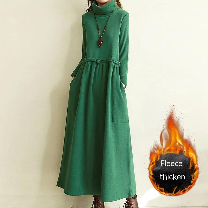 Retro Below The Knee Long Skirt Plus Size Loose High Collar Velvet Padded Dress