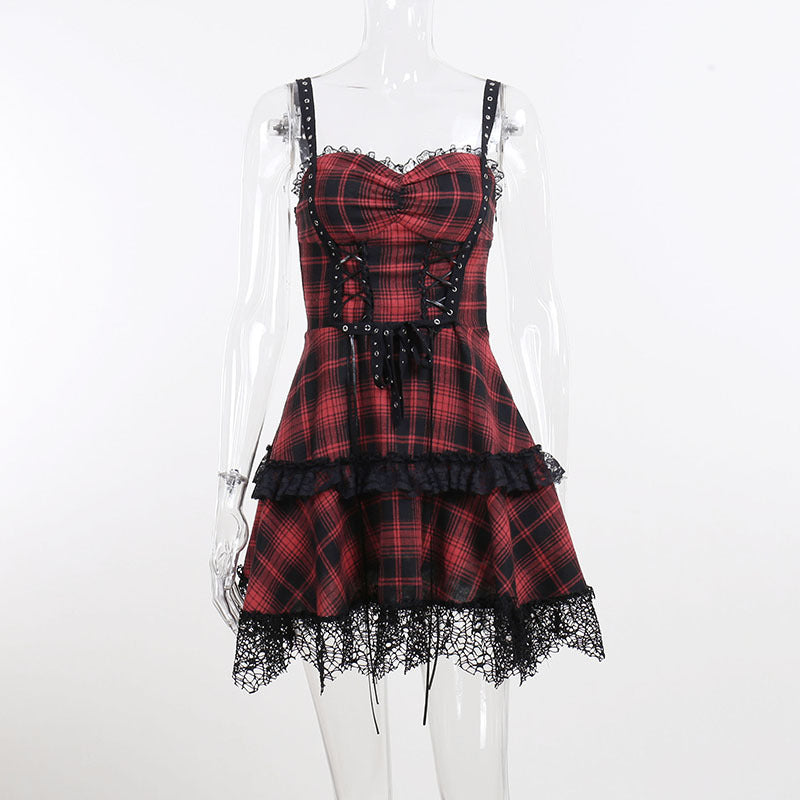 European And American Dark Style New Gothic Plaid Suspender Dress